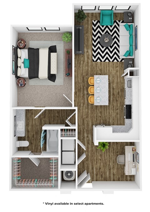 a stylized floor plan with a bedroom and living room